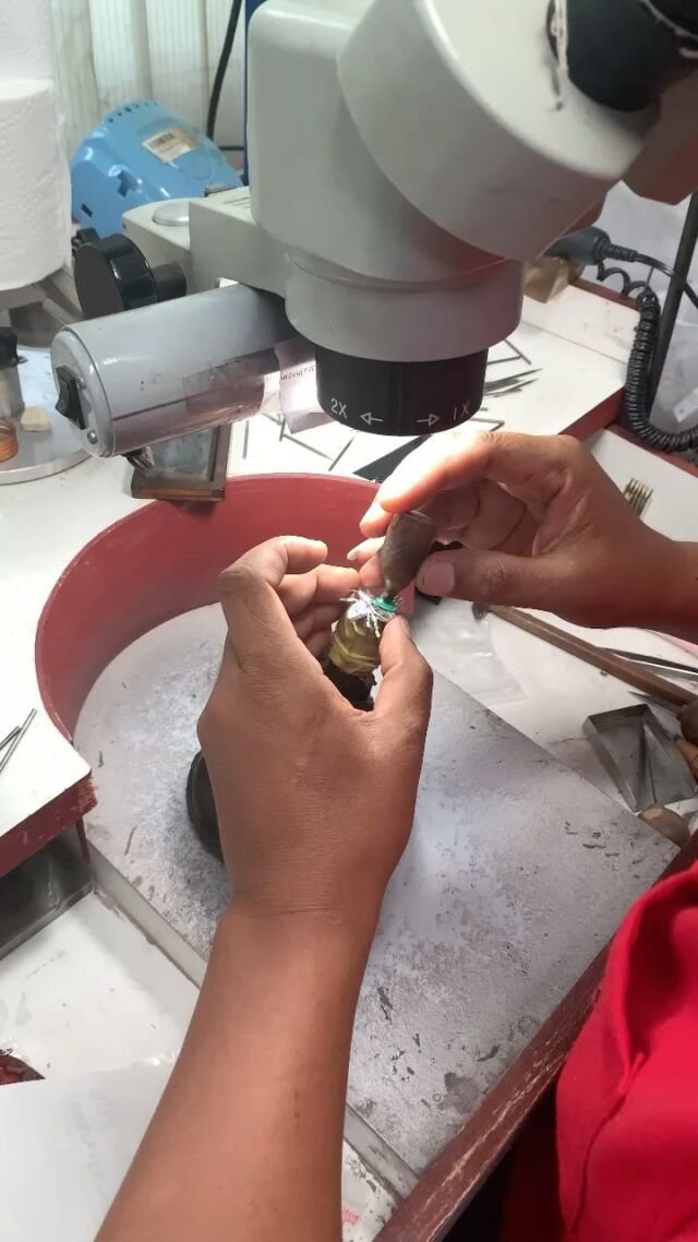 Placing a Stone into the Setting Made from a Light-grey Shiny Silver’ 🪄
.
We put a great effort into this process in order to find a perfect balance of the stone when placing it into the setting as we need to ensure that the setting could hold the stone perfectly.